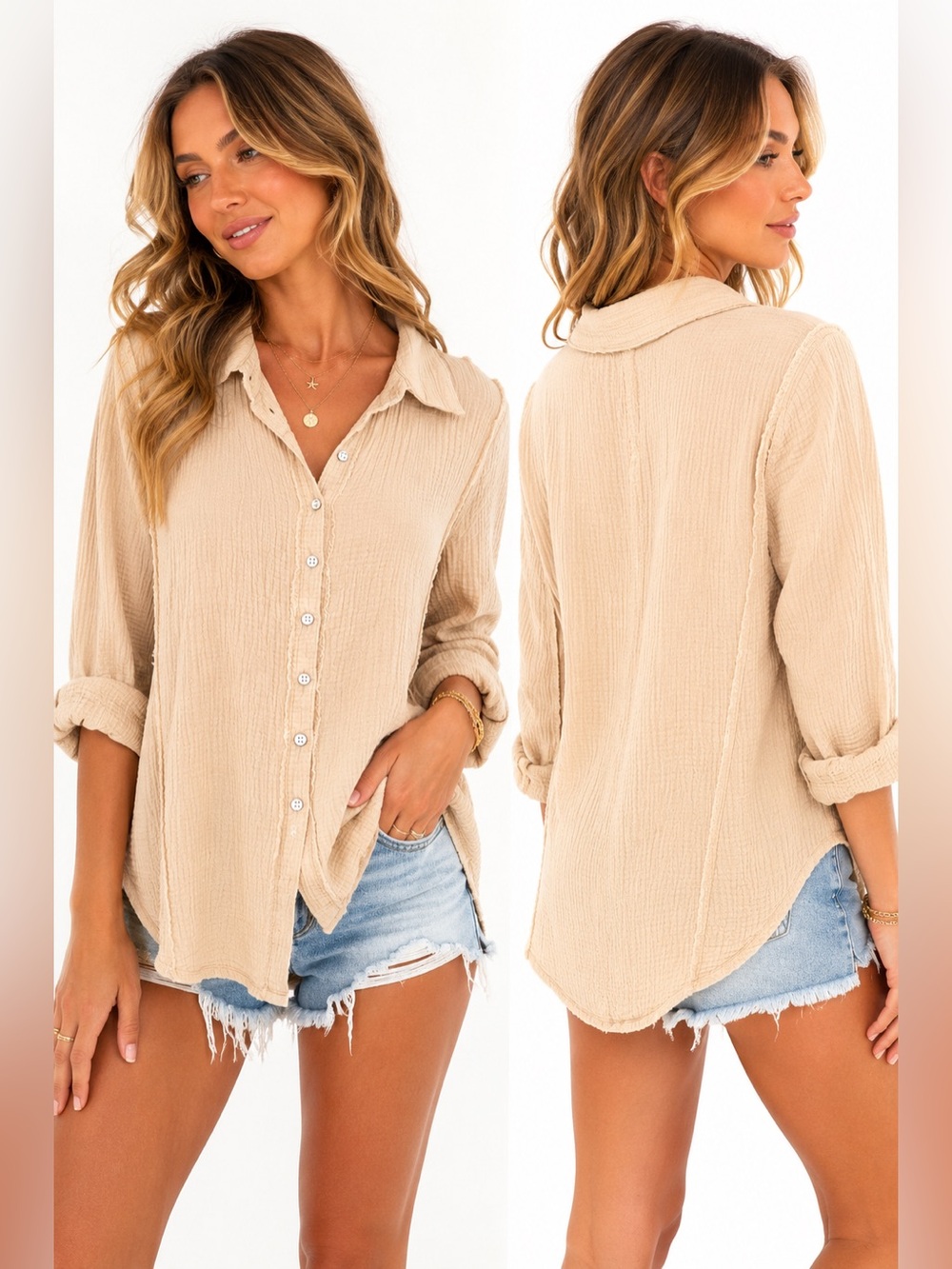 Entro 100% Cotton Gauze Button Front Oversized Shirt Beige S Boho Cottagecore